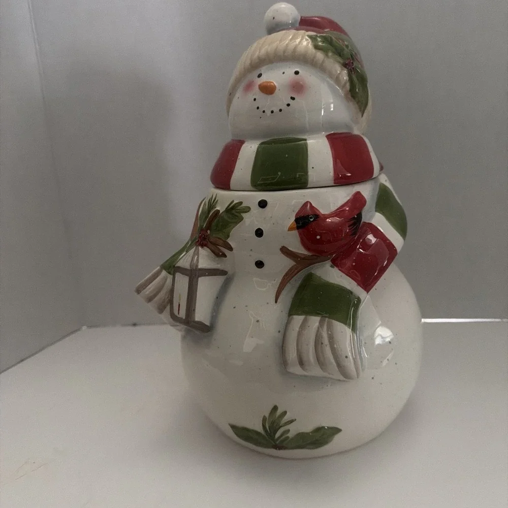 Ceramic Snowman Cookie Jar Holiday Christmas Decor Cardinal Lantern Red Green